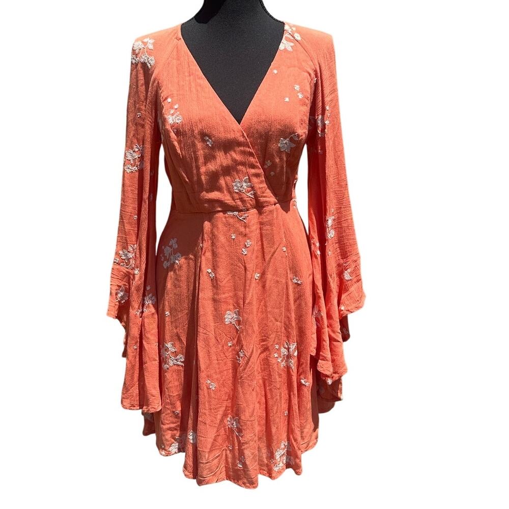Free People Jasmine Bell Sleeve Boho Orange Festival Fairy Mini Dress, size 4